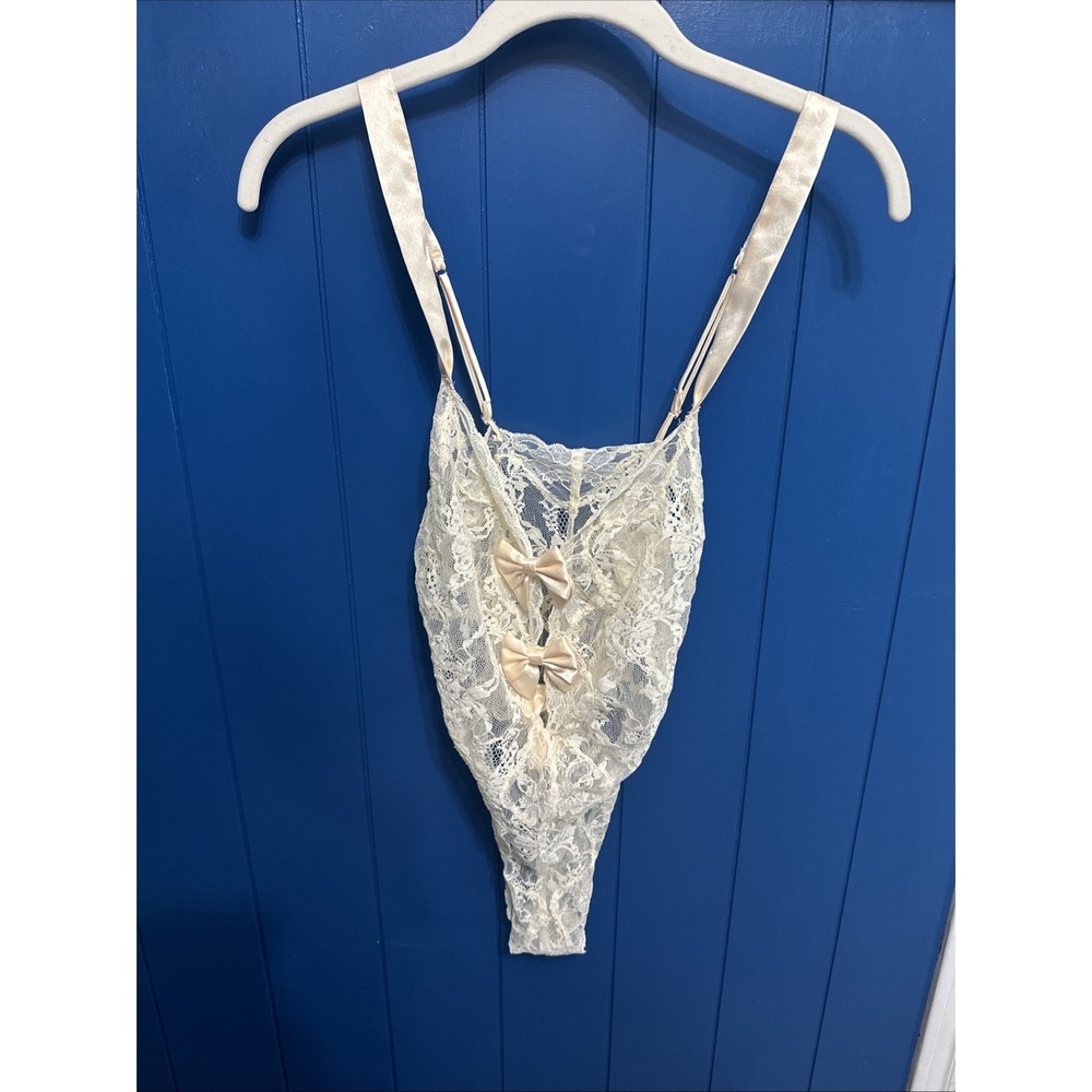 Vtg 80s Gold Label Victorias Secret White Lace Sheer Teddy Button ‎ Coquette S